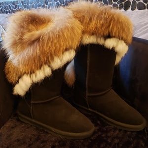 APHNUS Women's Mid Calf Snow Boots with Rabbit Fur